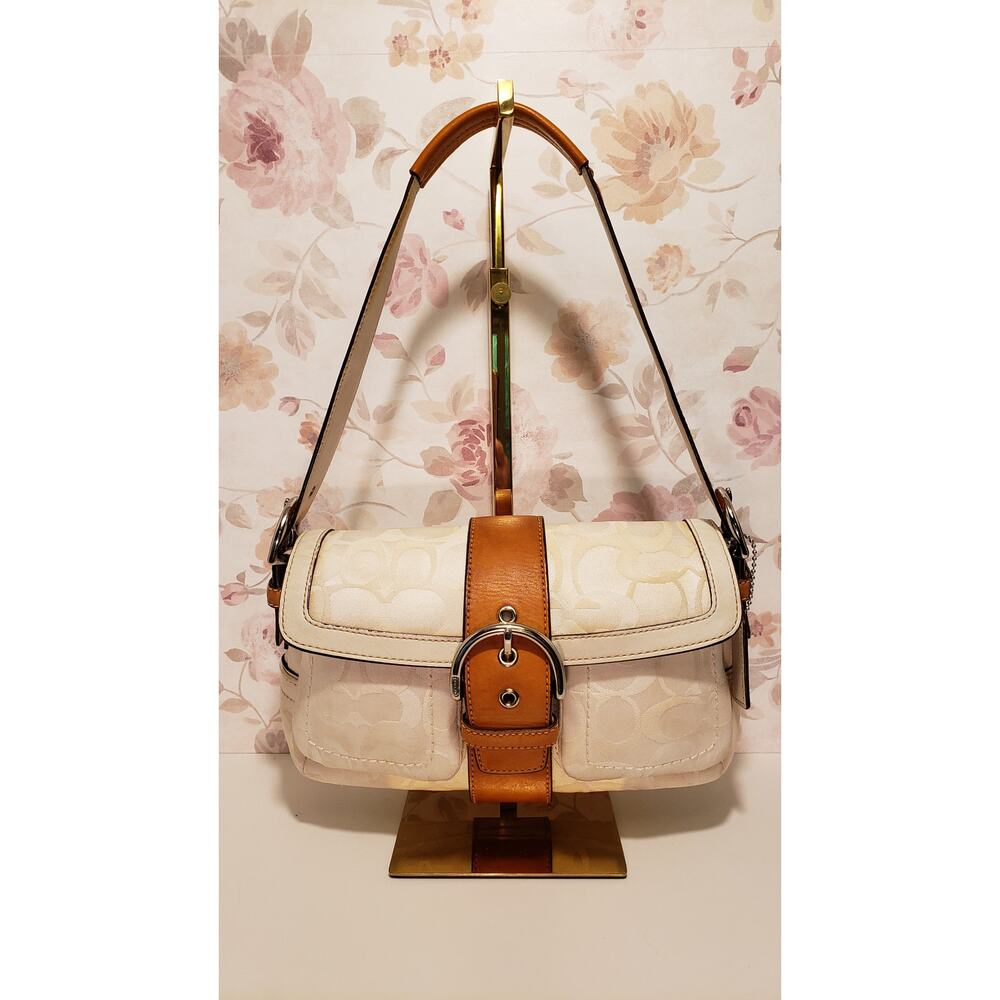 Vintage COACH Y2K Soho Signature Cream & British Tan Leather Shoulder Bag #1852